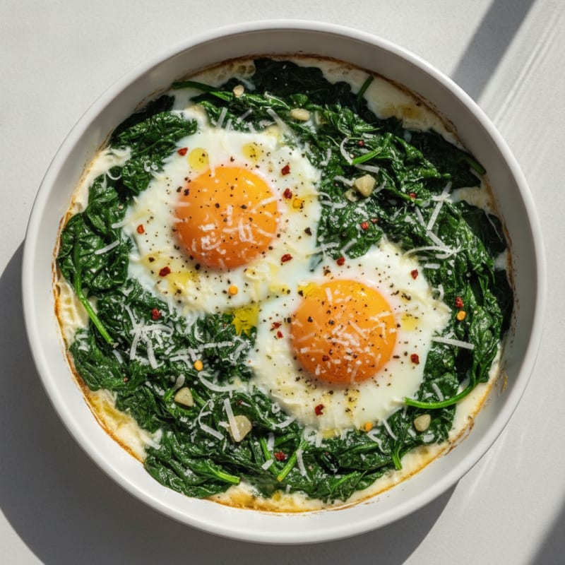 Baked Eggs with Sautéed Spinach
