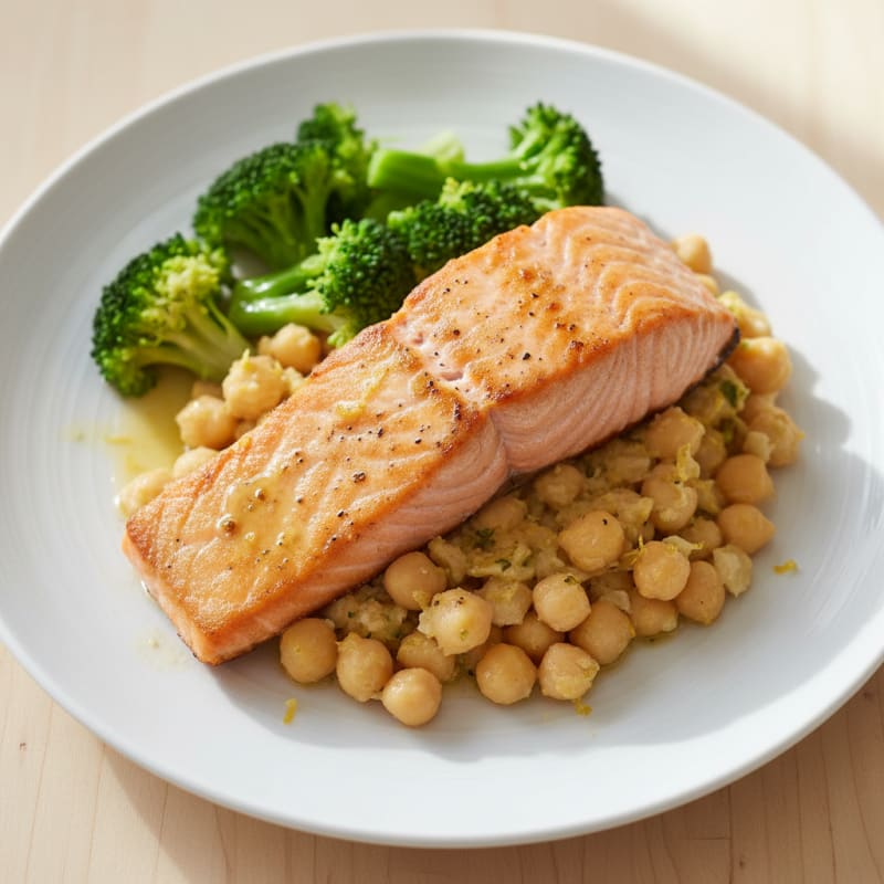 Seared Salmon with Lemon Chickpea Mash and Steamed Broccoli