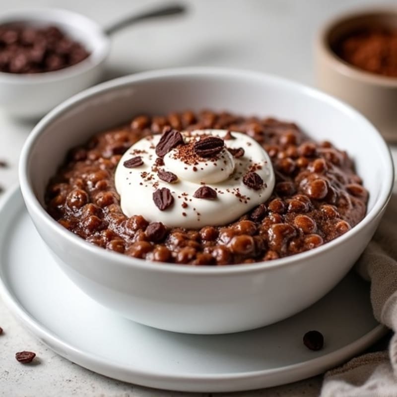 Creamy Chocolate Protein Baked Oats with Greek Yogurt Swirl and Crunchy Cacao Nibs