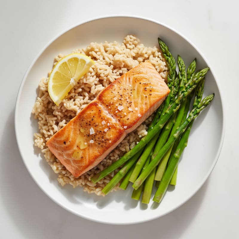 Seared Salmon with Steamed Asparagus and Brown Rice