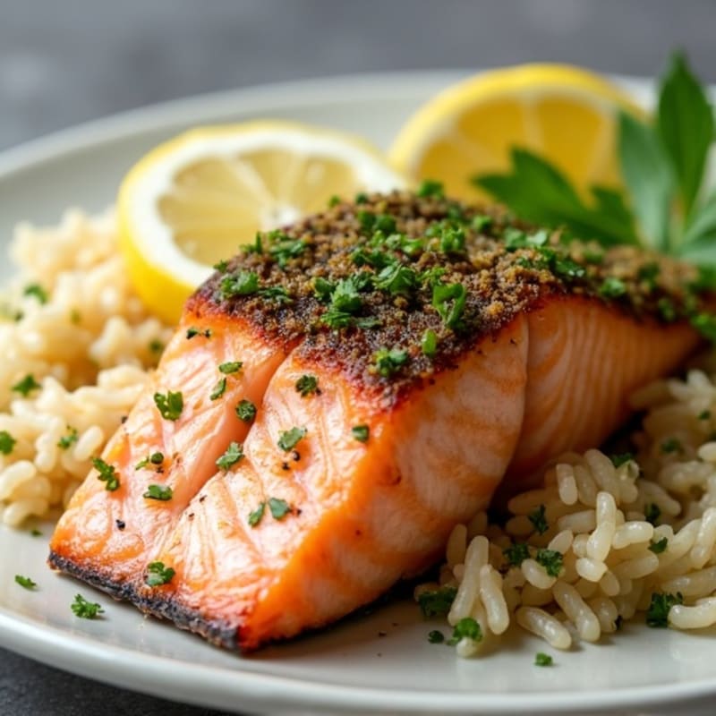 Herb-Crusted Pan Seared Salmon with Lemon Jasmine Rice