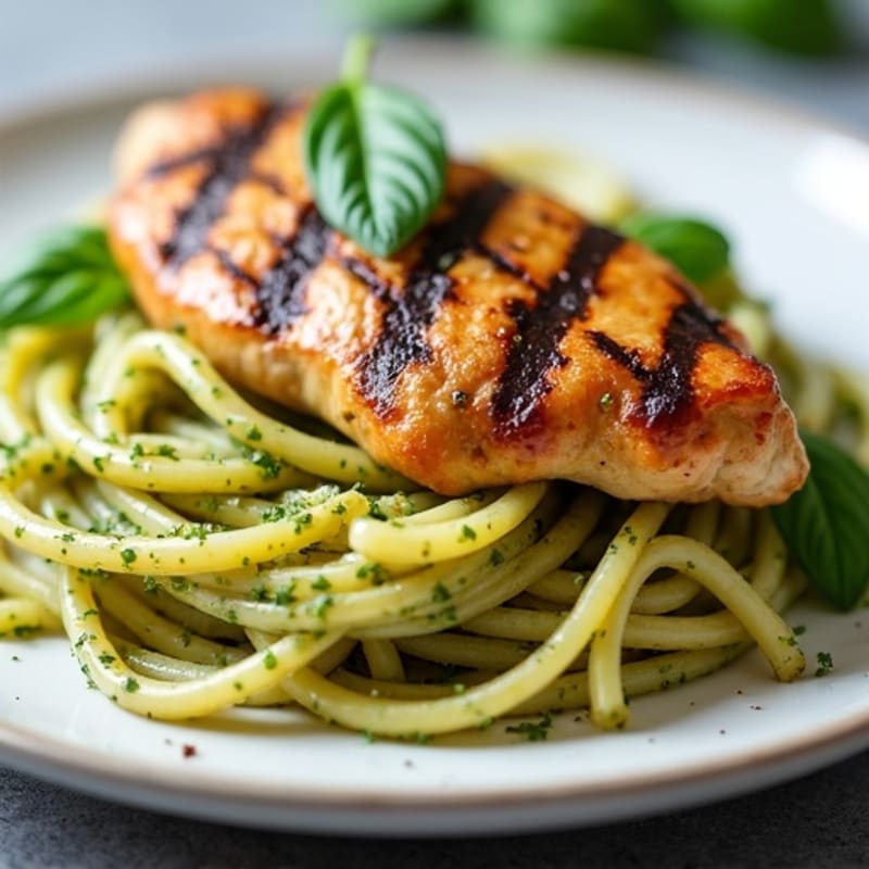 Grilled Chicken Breast with Creamy Pesto Spaghetti