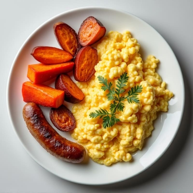 Egg White Scramble with Turkey Sausage and Roasted Sweet Potatoes