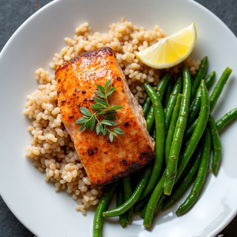 Seared Salmon with Garlic Green Beans and Brown Rice