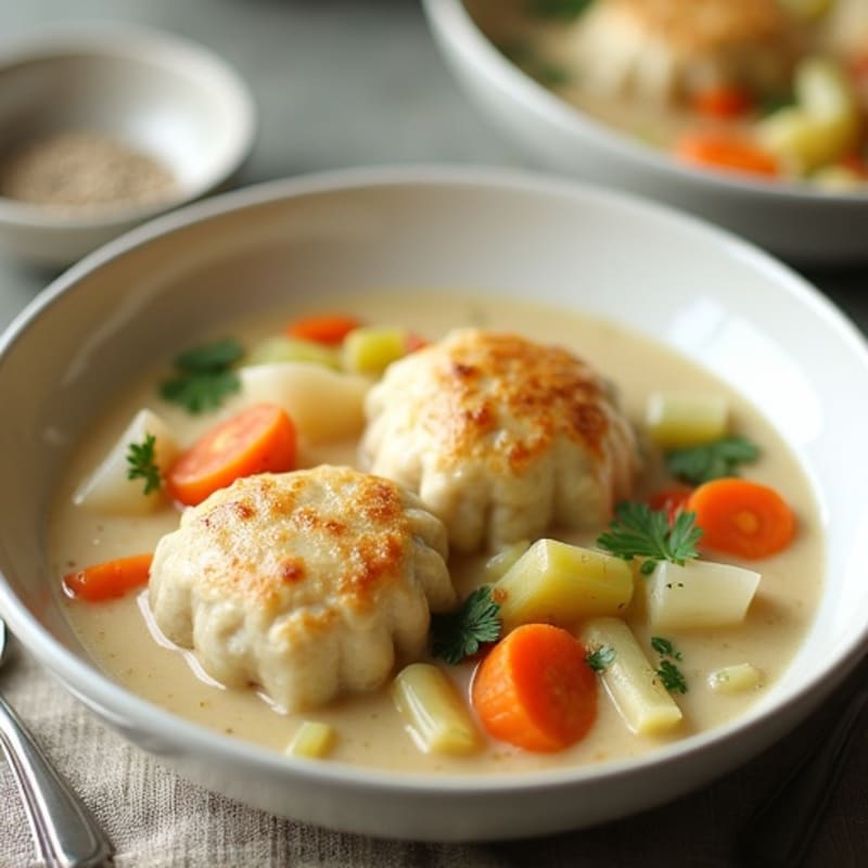 Creamy Chicken and Vegetable Soup with Fluffy Herb Dumplings