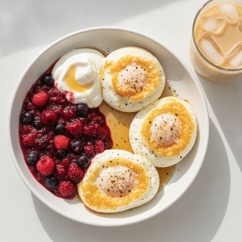 Baked Eggs with Berry Compote and Iced Vanilla Latte