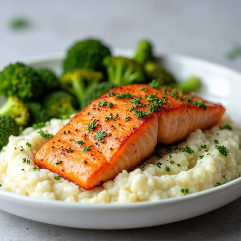 Seared Salmon Fillet with Roasted Broccoli and Garlic Cauliflower Mash