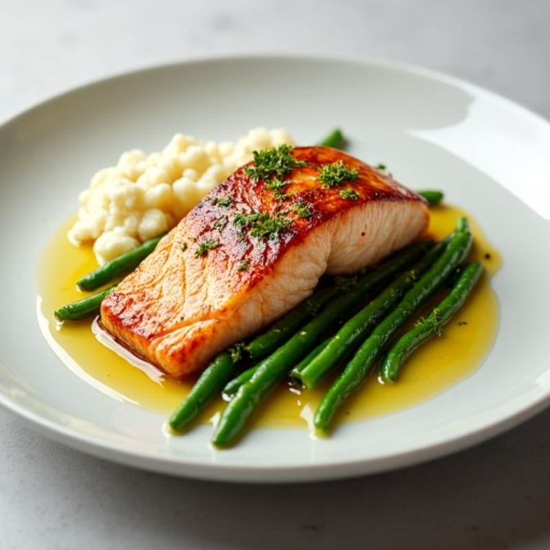 Seared Salmon with Steamed Green Beans and Cauliflower Mash