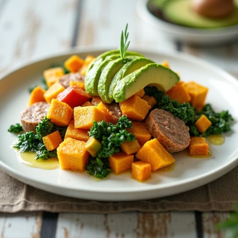 Egg White and Turkey Sausage Scramble with Spinach and Sweet Potato