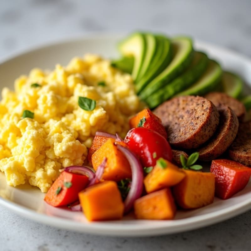 Scrambled Eggs with Turkey Sausage and Roasted Sweet Potato Hash