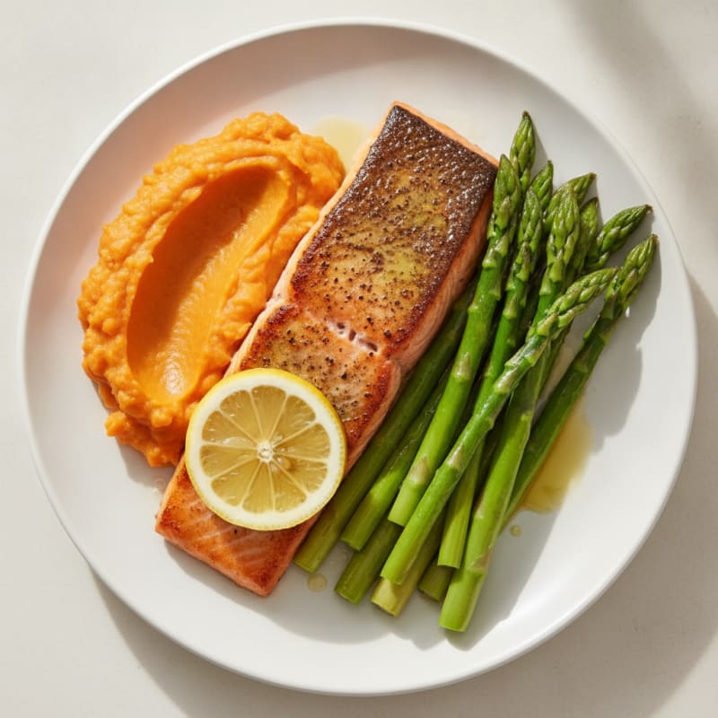 Seared Salmon with Steamed Asparagus and Sweet Potato Mash