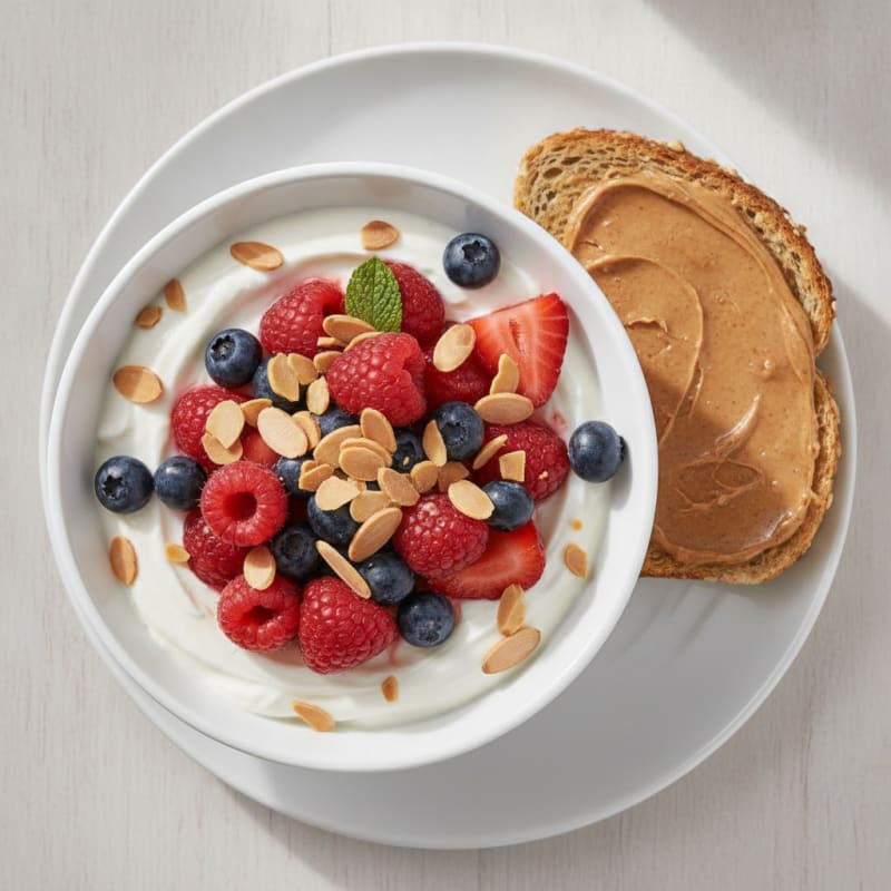Greek Yogurt Bowl with Toasted Almonds, Mixed Berries, and Protein Toast