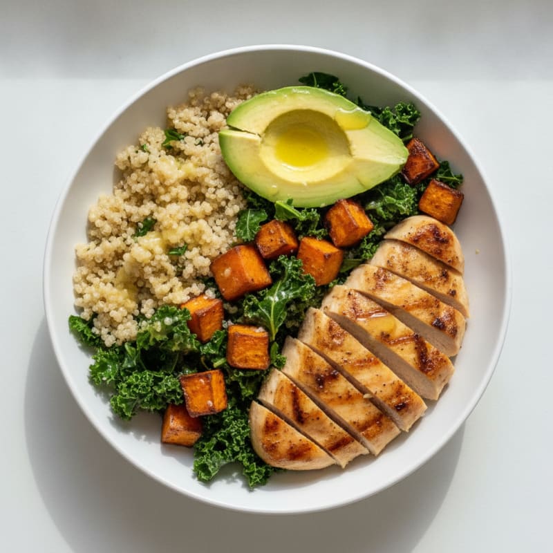 Grilled Chicken and Quinoa Bowl with Roasted Sweet Potato and Avocado
