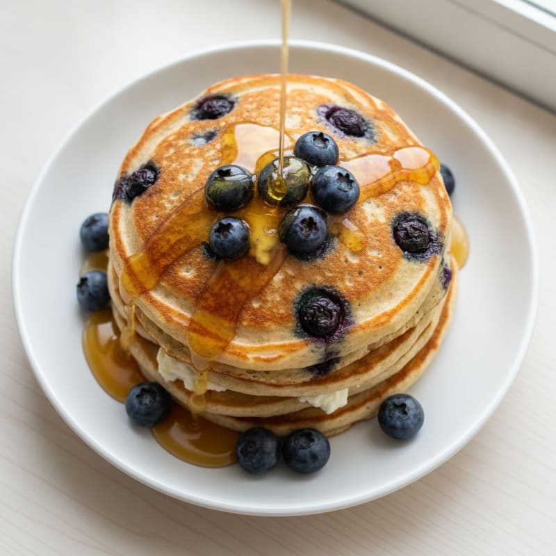 Blueberry Ricotta Pancakes with Maple Syrup