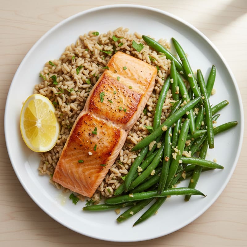 Seared Salmon Fillet with Garlic Green Beans and Herbed Brown Rice