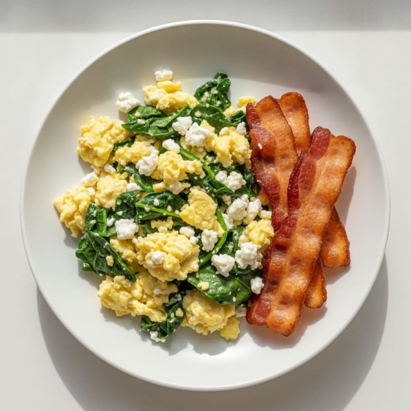 Cottage Cheese Egg Scramble with Spinach and Turkey Bacon