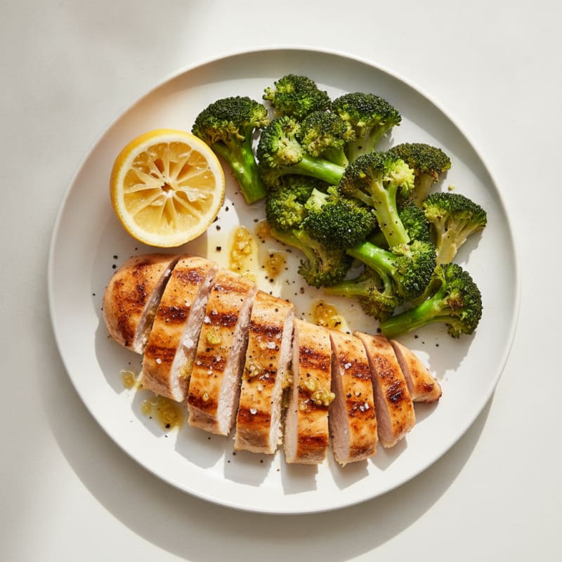 Grilled Chicken Breast with Steamed Broccoli and Lemon