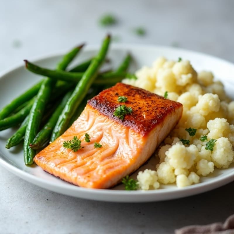 Seared Salmon with Steamed Green Beans and Garlic Mashed Cauliflower