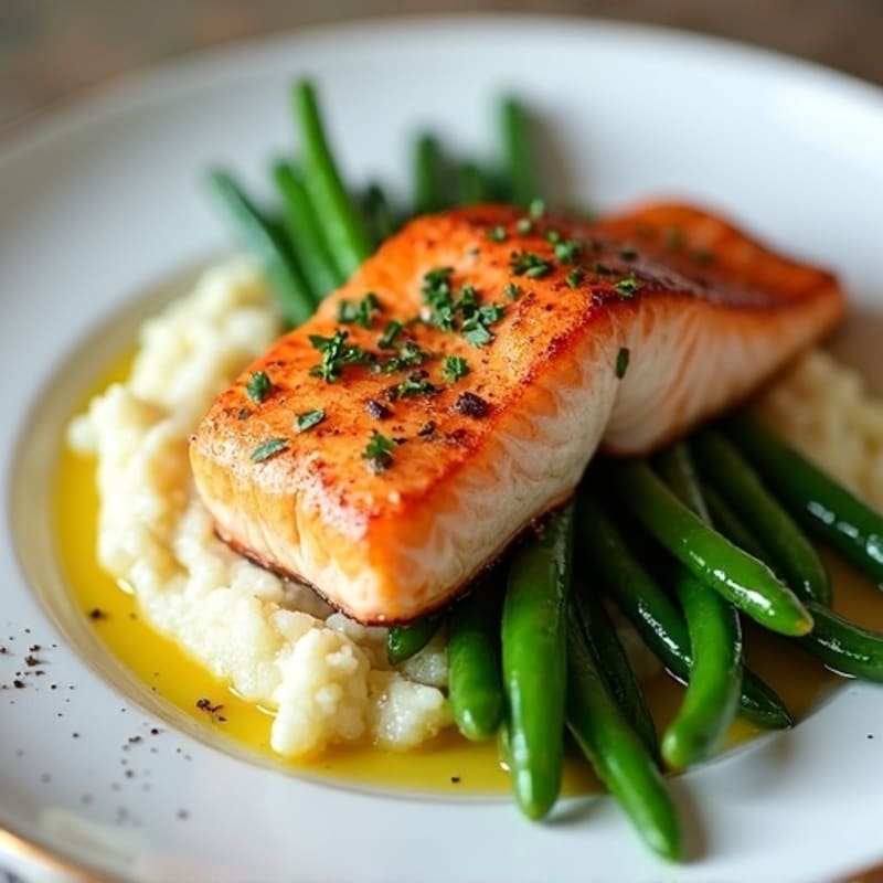 Seared Salmon with Steamed Green Beans and Cauliflower Mash