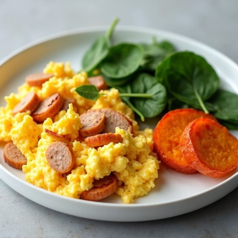 Savory Scrambled Eggs with Crispy Sweet Potato and Fresh Spinach
