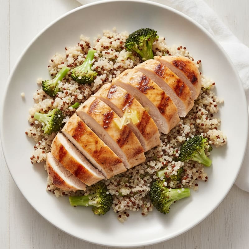 Grilled Chicken Breast with Steamed Broccoli and Quinoa