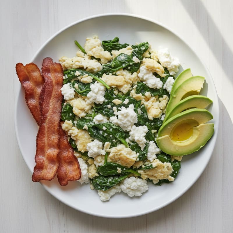 Egg White Spinach Scramble with Cottage Cheese and Turkey Bacon