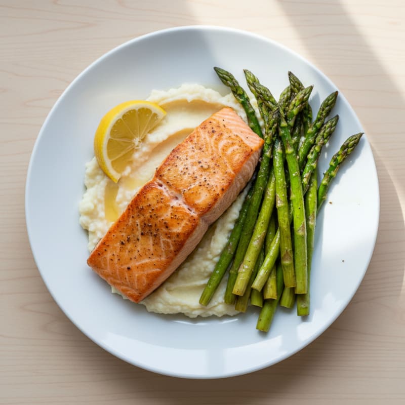 Seared Salmon Fillet with Roasted Asparagus and Cauliflower Mash