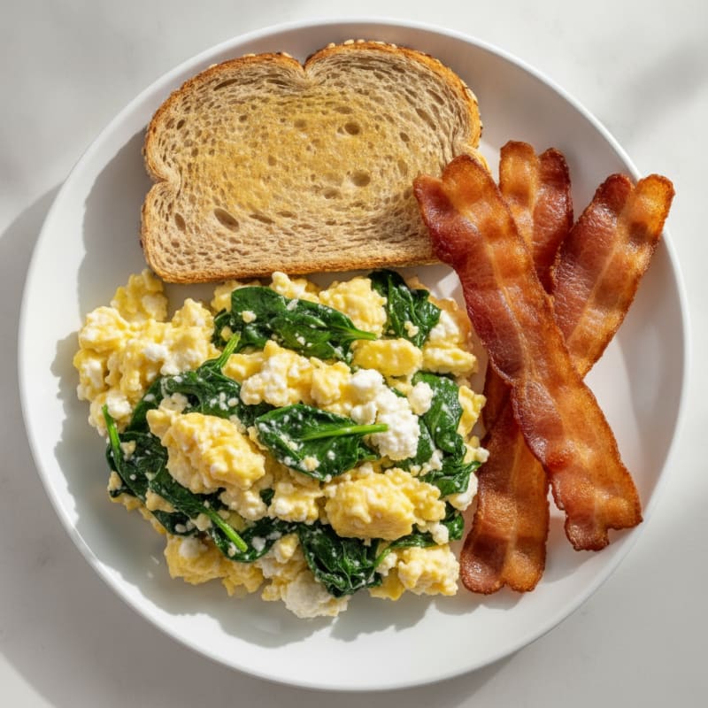Cottage Cheese Scramble with Spinach and Turkey Bacon