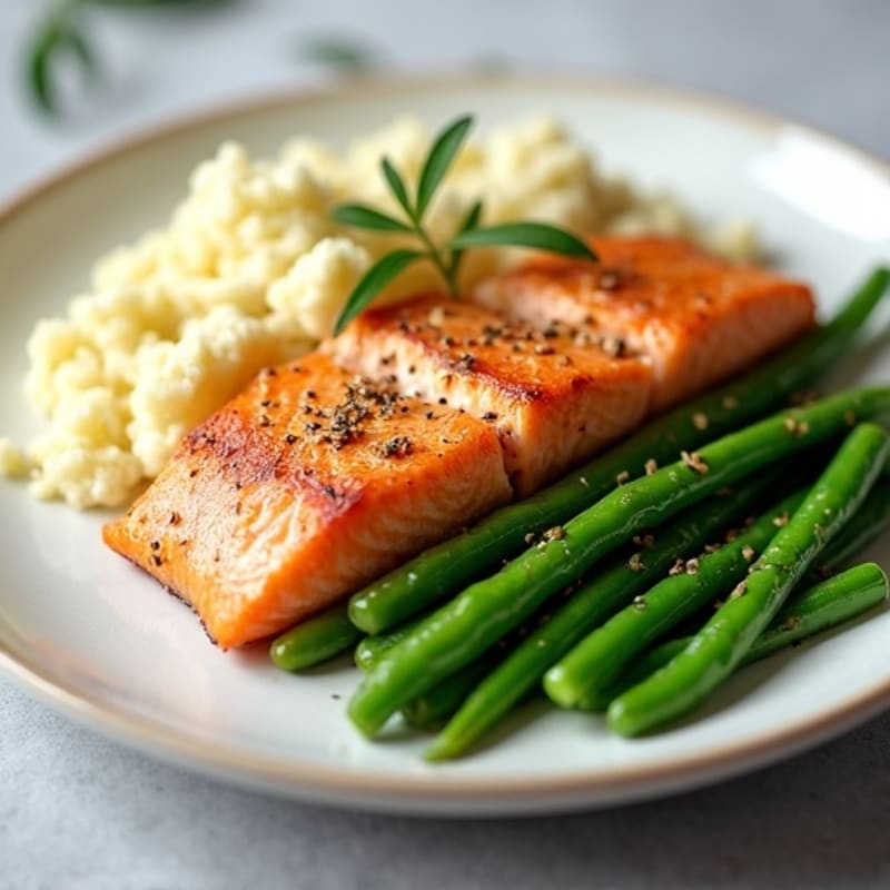 Seared Salmon with Steamed Green Beans and Garlic Mashed Cauliflower