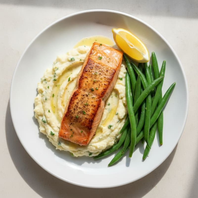 Seared Salmon with Steamed Green Beans and Garlic Mashed Cauliflower