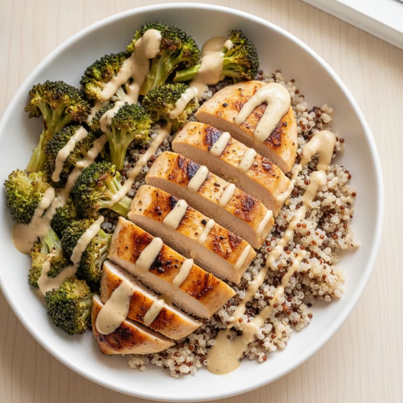Grilled Chicken and Quinoa Bowl with Roasted Broccoli and Lemon-Tahini Drizzle