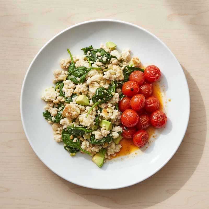 Egg White and Turkey Spinach Scramble with Roasted Tomatoes