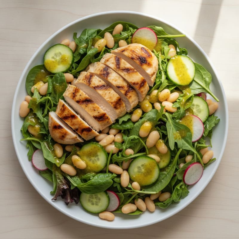 Grilled Chicken Breast over Crunchy Mixed Greens with White Beans