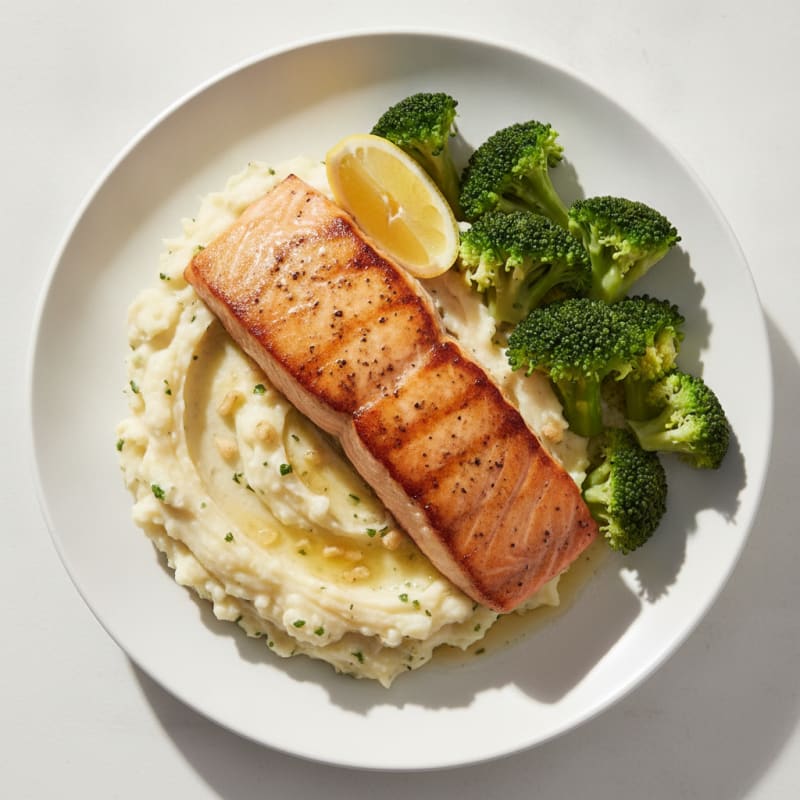 Seared Salmon with Steamed Broccoli and Garlic Mashed Potatoes