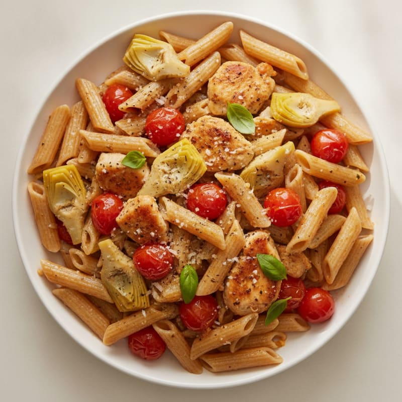 Chicken Pasta with Roasted Tomatoes and Artichokes