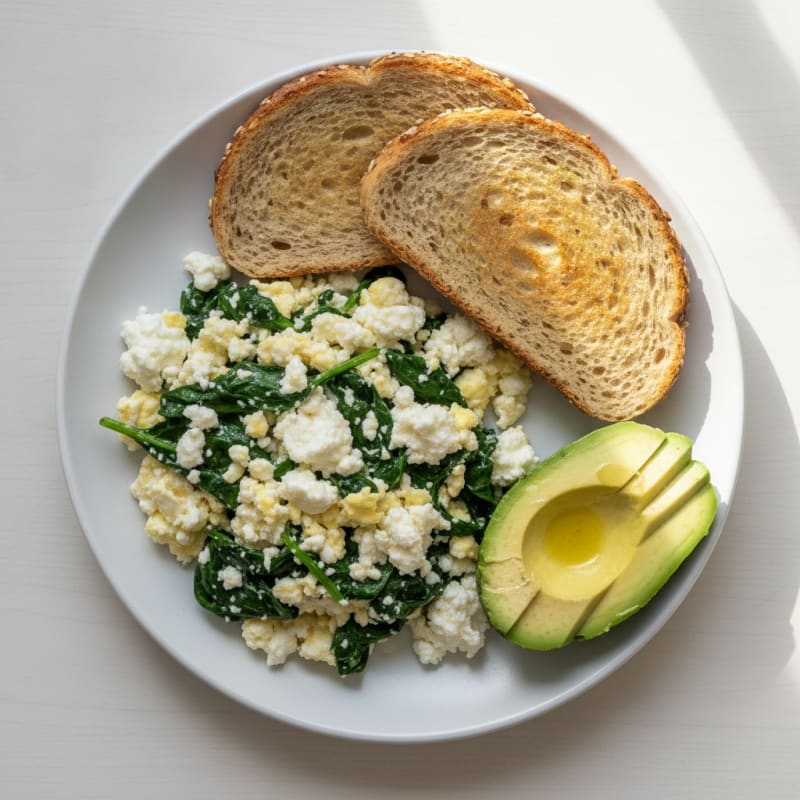 Scrambled Egg Whites with Cottage Cheese and Sautéed Spinach