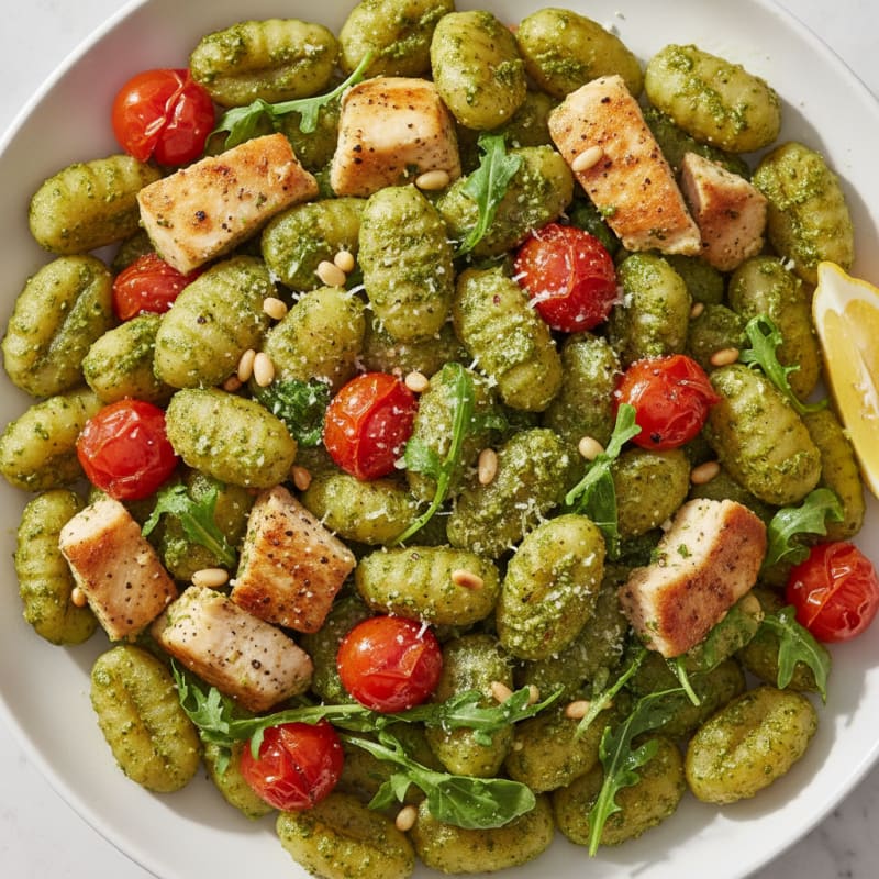 Gnocchi with Arugula Pesto and Cherry Tomatoes