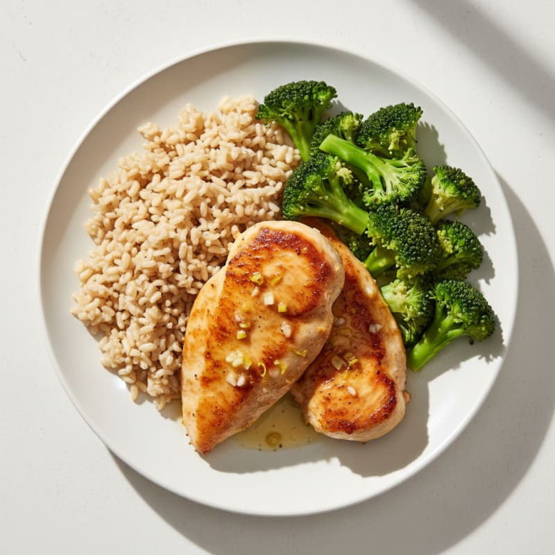 Lemon Garlic Pan Seared Chicken with Steamed Broccoli and Brown Rice