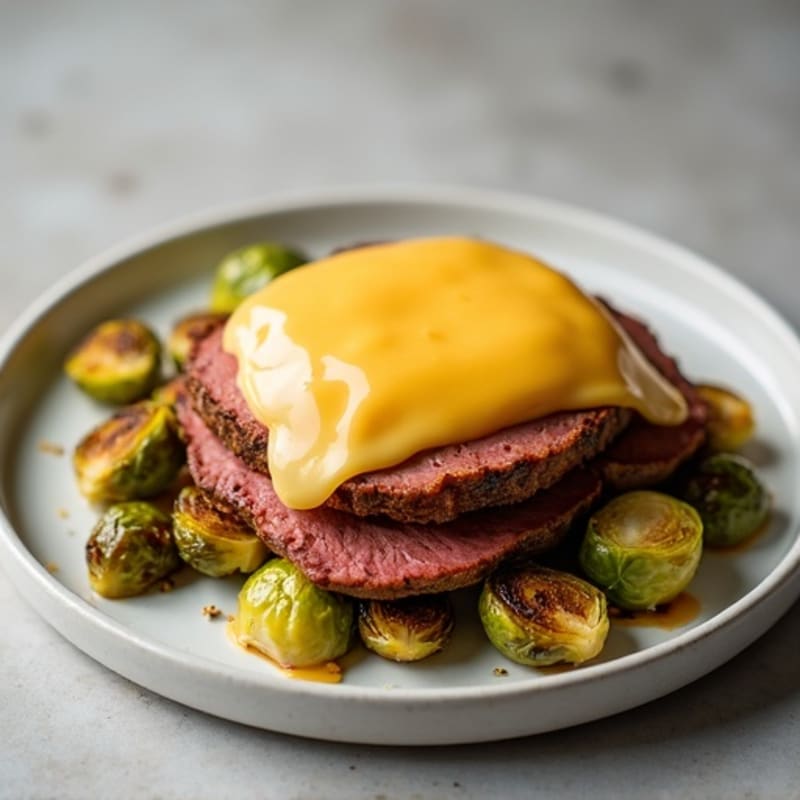 Lean Roast Beef with Melted Sharp Cheddar and Crispy Roasted Brussels Sprouts