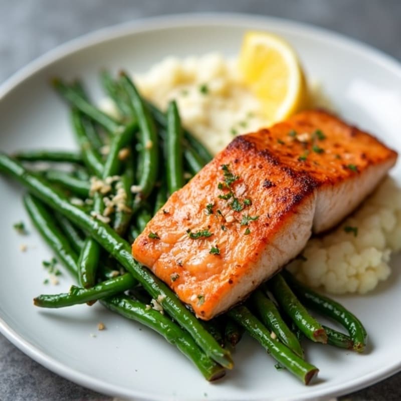 Seared Salmon with Garlic Green Beans and Cauliflower Mash