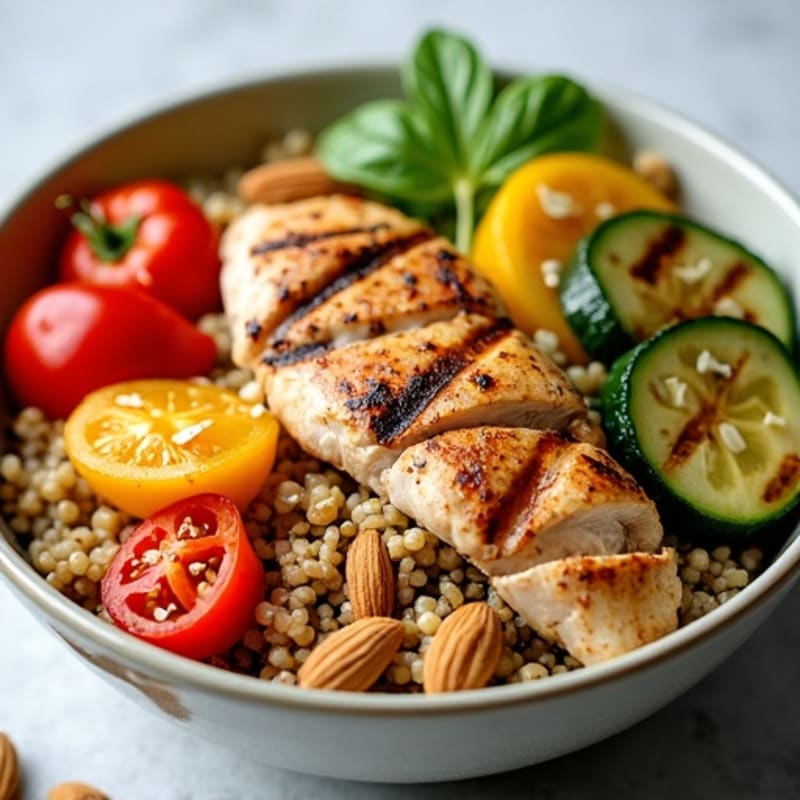 Grilled Chicken and Quinoa Bowl with Roasted Vegetables and Almonds