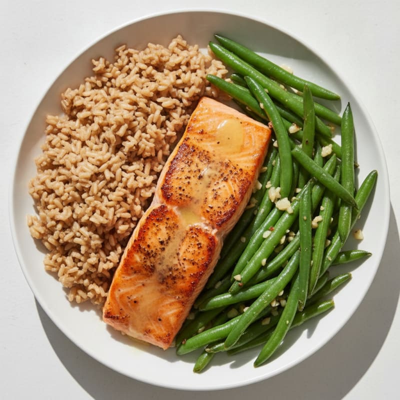 Seared Salmon with Garlic Green Beans and Brown Rice
