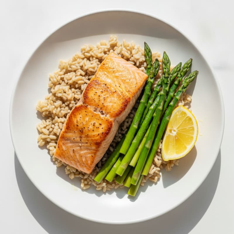 Seared Salmon Fillet with Steamed Asparagus and Brown Rice