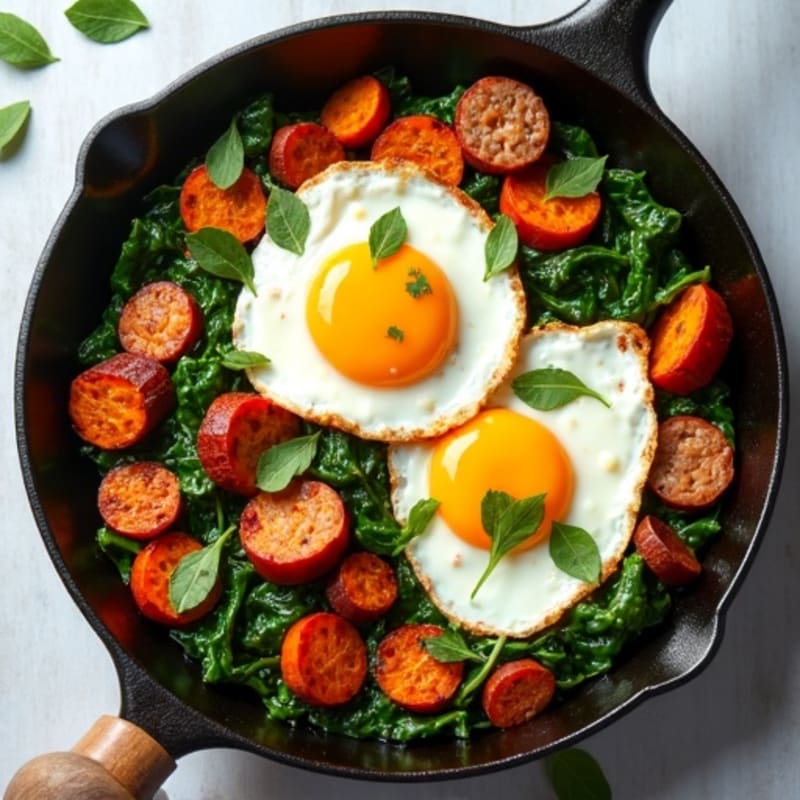 Lean Turkey Sausage and Crispy Sweet Potato Skillet with Fresh Spinach and Eggs