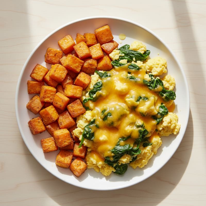 Egg and Spinach Scramble with Roasted Sweet Potatoes and Cheese