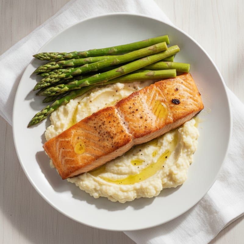 Seared Salmon with Steamed Asparagus and Cauliflower Mash