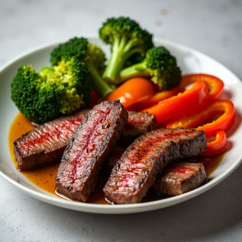 Seared Lean Beef Strips with Roasted Broccoli and Bell Peppers
