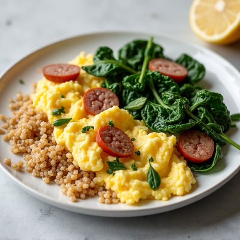 Egg White Scramble with Turkey Sausage and Sautéed Spinach with Quinoa