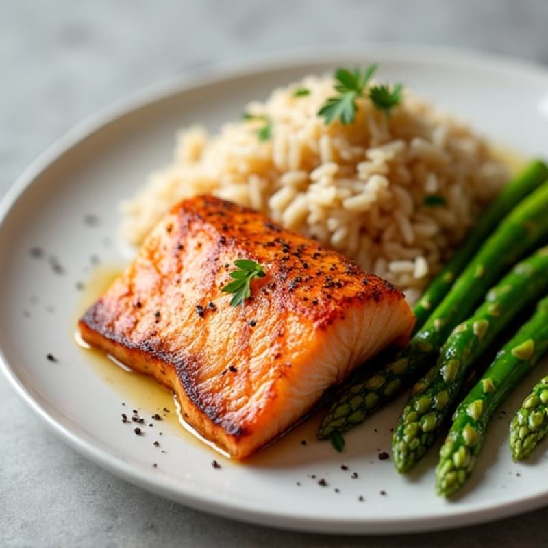 Seared Salmon with Steamed Asparagus and Brown Rice