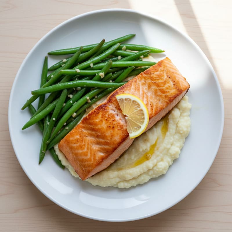 Seared Salmon Fillet with Garlic Green Beans and Cauliflower Mash